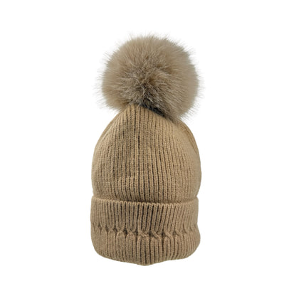 Strikket Hue med Fleece-for og Pompon i Beige