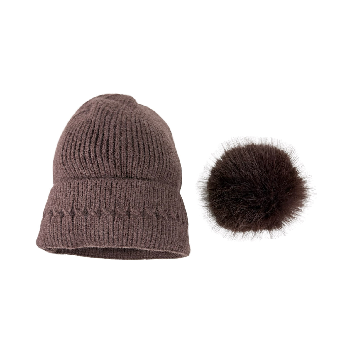 Strikket Hue med Fleece-for og Pompon i Brun