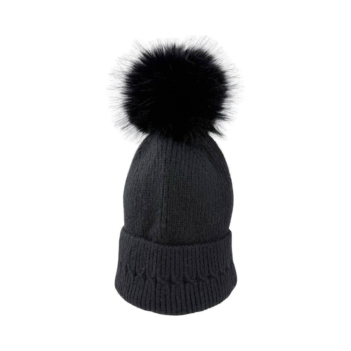 Strikket Hue med Fleece-for og Pompon i Sort