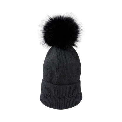 Strikket Hue med Fleece-for og Pompon i Sort