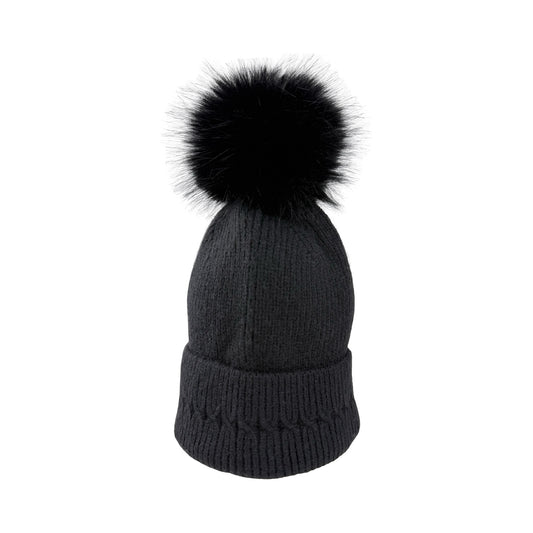 Strikket Hue med Fleece-for og Pompon i Sort