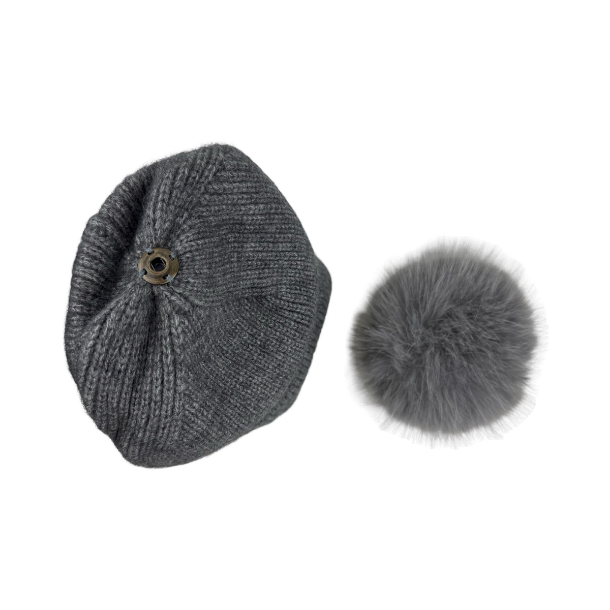 Strikket Hue med Fleece-for og Pompon i Grå