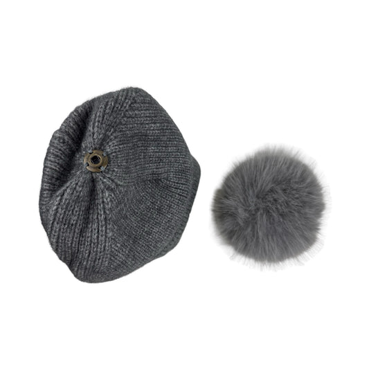 Strikket Hue med Fleece-for og Pompon i Grå
